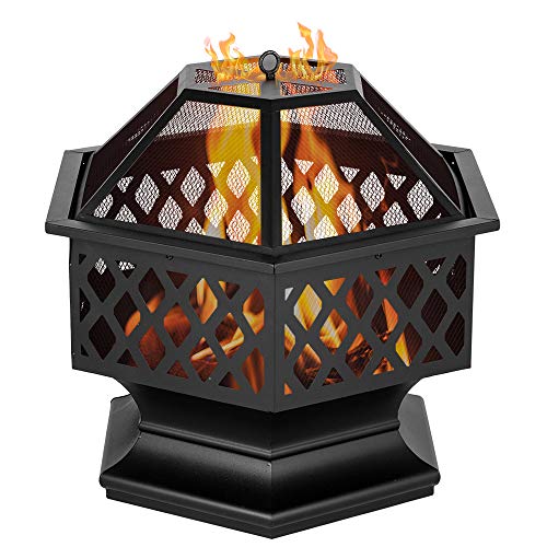 Henf 24 Inch Hex Shaped Outdoor Fire Pit Iron Brazier Metal Wood Burning Bonfire Pit for CampingPatioBackyardGarden with Flame-Retardant Lid