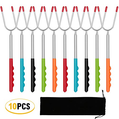 Outamateur Roasting Sticks Telescoping Smores Skewers Forks Hot Dog Fire Pit Kids Safe Multicolored Extendable Steel Fork for Campfire Bonfire and Grill 10PCS 45