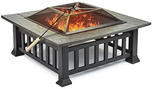 Sorbus Fire Pit Square Table with Screen Cover Log Grate Poker Tool Great BBQ Grill for Outdoor Patio Backyard Garden Camping Picnic Bonfire Attractive Stone Slate Fire Pit Square Table
