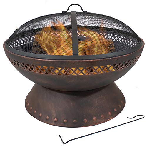 Sunnydaze 25-Inch Diameter Chalice Steel Outdoor Wood Burning Fire Pit with Spark Screen and Poker - Outside Metal Backyard Bonfire Patio Fire Bowl Kit with Copper Finish