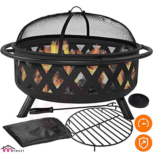 36 Outdoor Fire Pit Set - 6-in-1 Large Bonfire Wood Burning Firepit Bowl - Spark Screen Fireplace Poker Ash Plate Drainage Holes Metal Grate Waterproof Cover - For Outdoor Backyard Terrace Patio