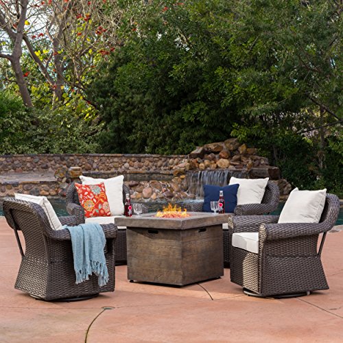 Augusta Patio Furniture ~ 5 Piece Outdoor Wicker Swivel Rocker and Propane Gas Fire Table Pit Set