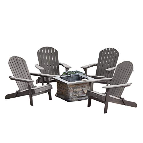 Benson Outdoor 5 Piece Acacia WoodLight Weight Concrete Adirondack Chair Set with Fire Pit Dark Grey Finish and Natural Stone Finish