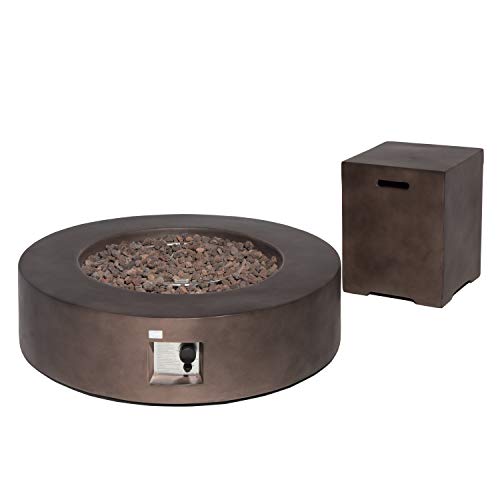 COSIEST 2-Piece Outdoor Propane Firepit Table Set w Tank Table 42-inch Dark Fire Table 50000 BTU w Bronze Round Base16 inches Tank Cozy Side Table 20 Gallon for GardenPoolBackyard