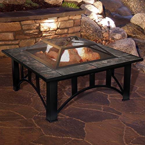 Fire Pit Set Wood Burning Pit - Includes Screen Cover and Log Poker - Great for Outdoor and Patio 33 inch Square Marble Tile Firepit by Pure Garden