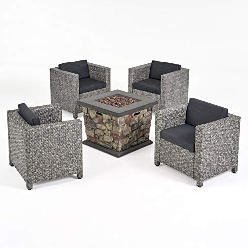 Great Deal Furniture Christine Outdoor 4 Club Chair Chat Set with Fire Pit Mix Black and Dark Gray