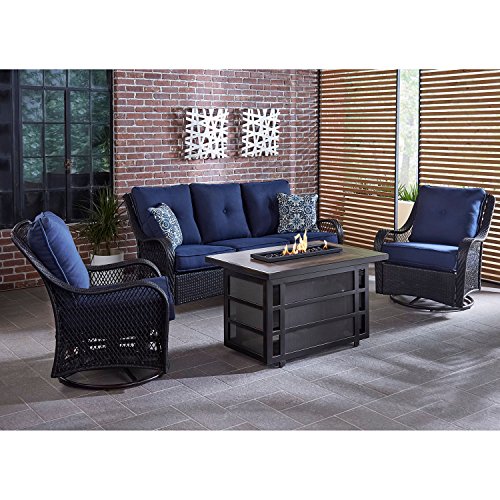 Hanover ORL4PCRECFP-NVY Orleans 4Piece Woven Lounge Set with 30 000 BTU Fire Pit Table in Navy Blue Outdoor Furniture