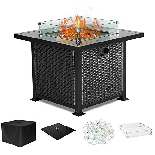 PIEDLE Propane Fire Pit Table Outdoor 32 Inch 50000 BTU Gas Rattan Propane Fire Pit Set with Tempered Glass Tabletop Clear Glass Rocks Tempered Glass Wind Guard Dust Cover Black