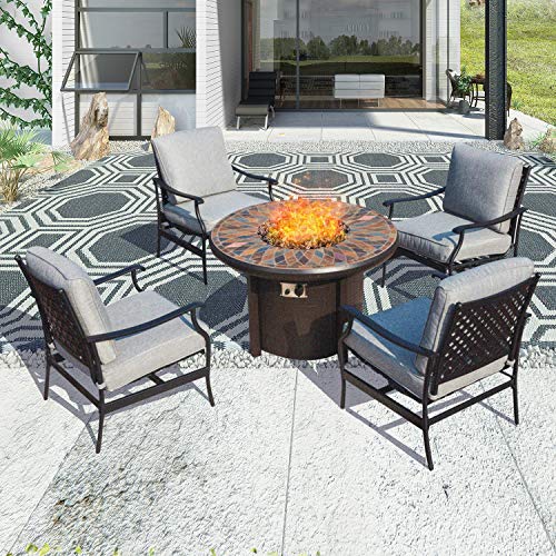 Patio Festival Outdoor Patio Conversation Sets CSA Certification 50000 BTU Gas Fire Pit Set Round Firepit Table Metal Sofa Chair with 51 Thick Seat Cushion 5 PCSGrey