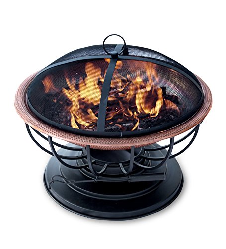 Plow Hearth Hammered Copper Fire Pit With Lid - Solid Copper Bowl and Metal Frame with Black Finish - 29Â½ Dia x 24H