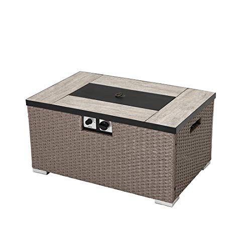Propane Patio Fire Pit Table with Wind Guard Lava Rocks and Rain Cover for Outdoor Leisure Party40000 BTU 32-inch x 20-inch Rectangle Warm Grey Wicker Fire Table