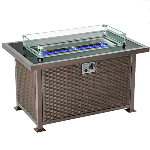 YODOLLA Outdoor Propane Gas Fire Pit Table Tempered Tabletop wGlass Rocks and Resin Wicker Panels Patio firepit