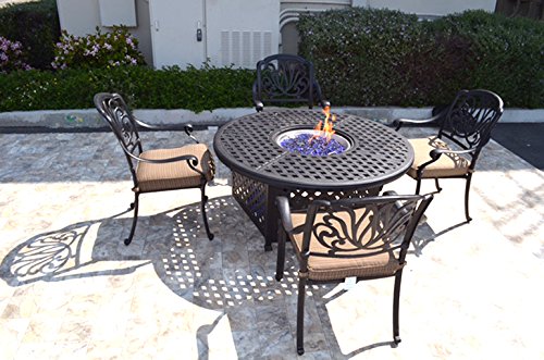 Outdoor Patio Furniture Set 5Pc Propane Gas Fire Pit Nassau Table 4 Elisabeth dining Chairs