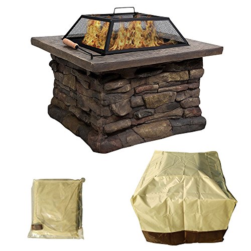 Outdoor Stone Fire Pit ALightUp 25 Square Stone Base Patio Firepit Fire Bowl Spark Cover  Mesh Cover  Clip  Fire Bowl Cover 