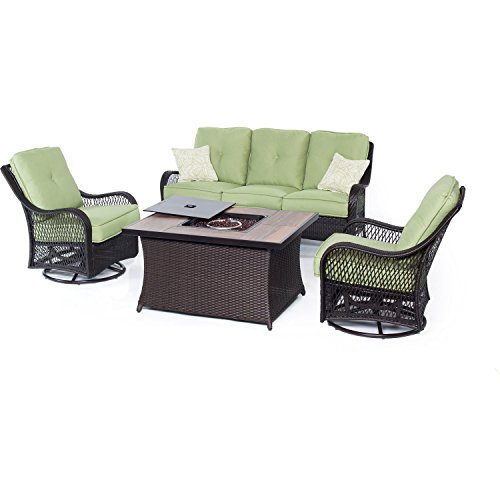 Hanover Orleans4pcfp-grn-a 4 Piece Outdoor Orleans Woven Lounge Set With Fire Pit Table Avocado Green