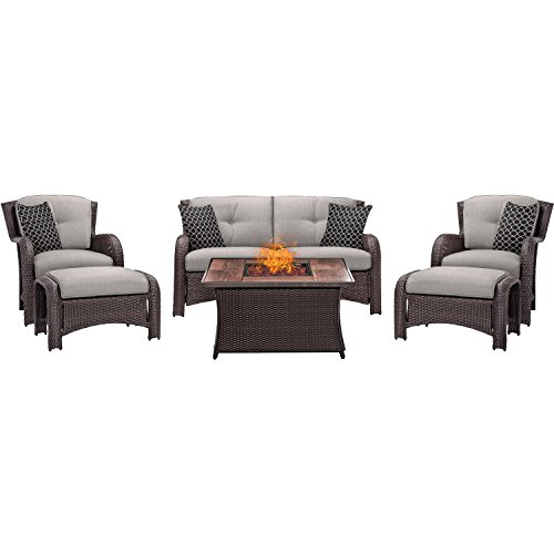 Hanover STRATH6PCFP-SLV-WG 6 Piece Strathmere Lounge Set in Silver Lining with Fire Pit Table
