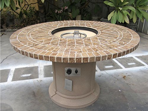 Porcelain Mosaic Tile Outdoor Fire Table Pit 48 Fireplace Dining Table with Lava Rocks Grey or Tan Base Tan Base