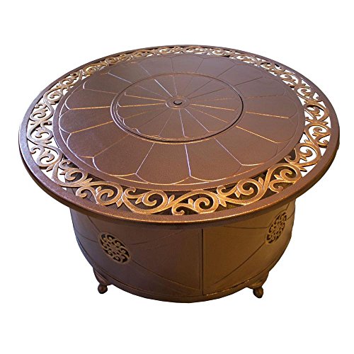 Propane Fire Pit Table 48 in Round Cast Aluminum with Decorative Scroll Design Bronze Finish Gives an Elegant Look to your Patio