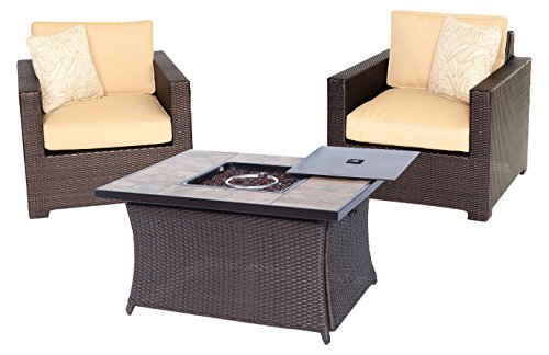 Hanover MET3PCFP-TAN-B Metropolitan 3 Piece Chat Set with LP Gas Fire Pit Table Sahara Sand