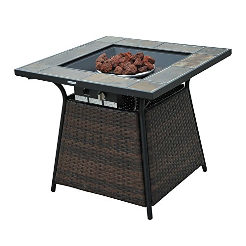 Outsunny 32 Outdoor Wicker Base LP Gas Fire Pit Table w Tile Mantel