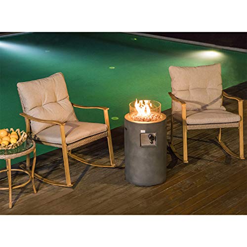 COSIEST 4-Piece Fire Table Patio Outdoor Rocking Chair Bistro Set Warm Gray Cushions w 16-inch Round Graphite Propane Fire Pit Table 40000 BTU w Glass Wind Guard for Garden Pool Backyard