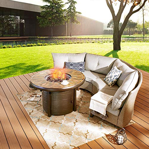PatioFestival Outdoor Sectional Sofa 5 Piece Half-Moon Wicker Sofa with 42inch Round Propane Fire Pit Table Patio Furniture Rattan Conversation Sets
