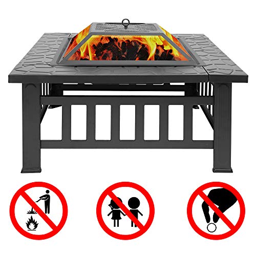 Remontee Fire Pit Outdoor Wood Burning Square Firepit Table Metal Fire Bowl Heater BBQ Ice Pit Fireplace Backyard Patio Garden Stove
