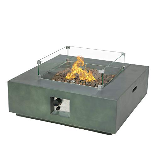 Sunbury Outdoor Propane Burning Fire Fit Square Dark Green Patio Fire Table 50000 BTU w Lava Rocks Glass Wind Guard Waterproof Cover