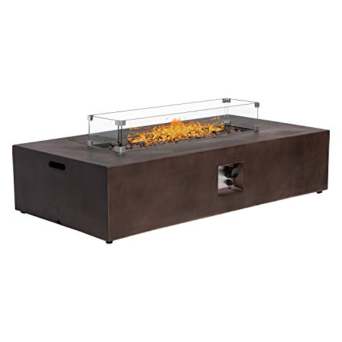 Sunbury Outdoor Propane Burning Fire Pit Rectangle Dark Brown Patio Fire Table 60000 BTU w Lava Rocks Glass Wind Guard Waterproof Cover