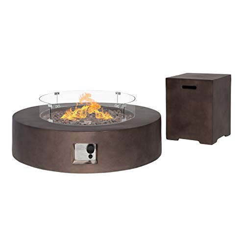 Sunbury Outdoor Propane Fire Pit Circular Dark Brown Patio Fire Table 50000 BTU w 20 Gallon Tank Cover Glass Wind Guard Waterproof Cover