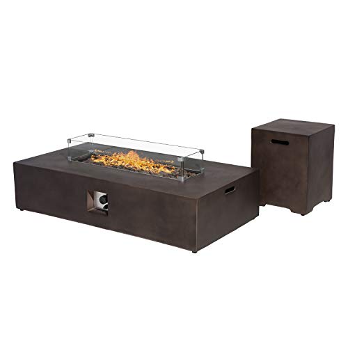 Sunbury Outdoor Propane Fire Pit Rectangle Dark Brown Patio Fire Table 60000 BTU w 20 Gallon Tank Cover Glass Wind Guard Waterproof Cover