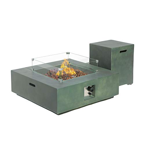 Sunbury Outdoor Propane Fire Pit Square Dark Green Patio Fire Table 50000 BTU w 20 Gallon Tank Cover Glass Wind Guard Waterproof Cover