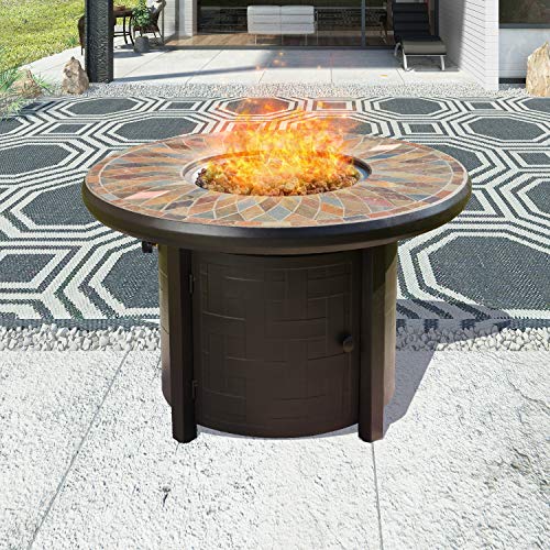Top Space Propane Fire Pit Table Outdoor Gas Fire Pit Patio Fire Table CSA Certification 50000 BTU Auto-Ignition with Natural Slate Tile Tabletop 42 Inch Round Bronze