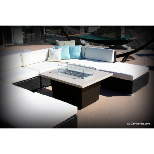 Palisades Rectangular Fire Pit Table - 52x36x4 - Chat Height - Natural Gas - Santa Cecillia Granite Powdercoat Top - Grey Texture Powdercoat Base