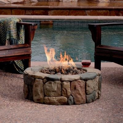 Petra 36 In Round Envirostone Propane Fire Pit Includes 10 Ft Hose with Regulator Tank Holder Lava Rocks and Cover
