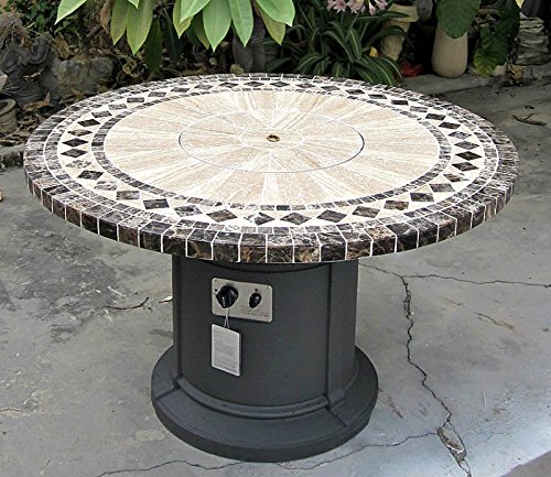 Gas Fireplace Fire Pit Outdoor Marble Mosaic Inlay 48 Table Patio Deck Propane Line or Tank 50000 BTU Gray Base