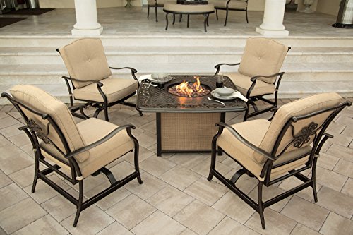 Hanover 5-Piece Traditions Outdoor Cast Tabletop Fire Pit Lounge Set Natural OatAntique Bronze