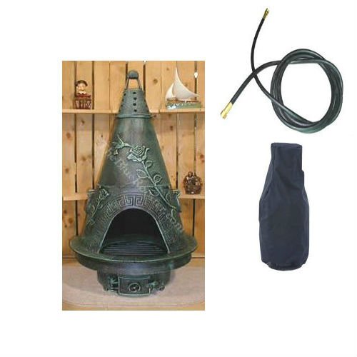 Blue Rooster Garden Model Antique Green Color Propane Gas Outdoor Metal Chiminea Fireplace With 10 Ft Gas Line