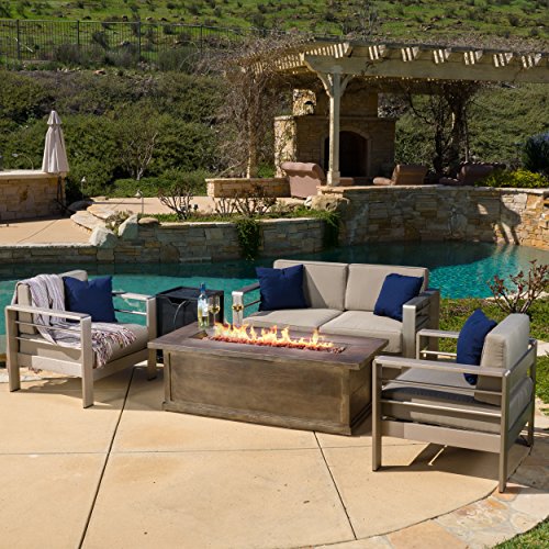 Crested Bay Aluminum Outdoor Patio Furniture 3 Piece Chat Set With Rectangular Liquid Propane Fire Pit