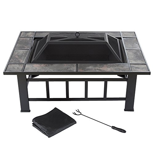 Pure Garden 37 Rectangular Tile Fire Pit with Cover - Black