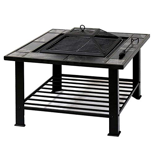 30-Inch BBQ Grill Portable Wood Burning Fire Pits Iron Backyard Patio Garden Square Fire Pit with Cooking Grill Spark Screen and Free Waterproof PVC Cover