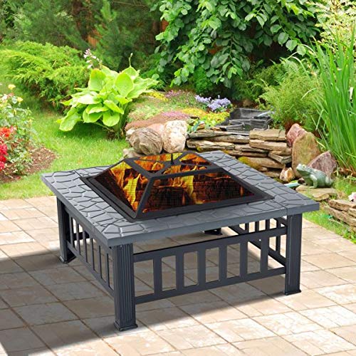 32 Square Fire Pit Outdoor Heating Fireplace Patio Wood Burning Table Top Set Poker Spark Screen Waterproof Cover Garden Yard Ice Pit BBQ