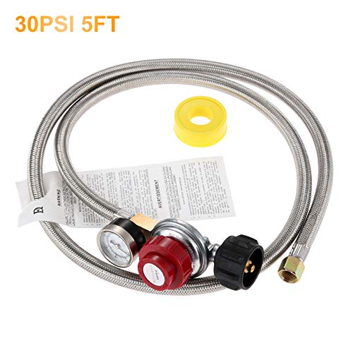 Aupoko 0-30 PSI High Pressure Adjustable Propane Regulator with Stainless Steel Braided Hose& Gauge 60 Hose QCC1Type1 to 38 Female Flare for BBQ Fire Pit Gas Stove Forge Smoker Turkey Fryer