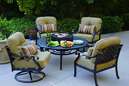 Darlee Nassau 5-Piece Conversation SetSeat and Back Cushions and 52-Inch Round Tea TableIce Bucket InsertBBQFire Pit Antique Bronze