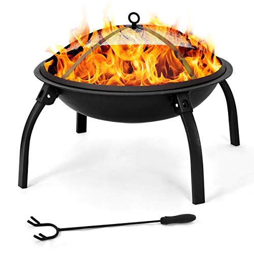Giantex 22 Outdoor Steel Fire Pit Portable Folding Fire Bowl with BBQ Grill Spark Screen Cover and Poker Wood Burning Patio Backyard Fire Pit 4 Legs Round Picnic Firebowl Black