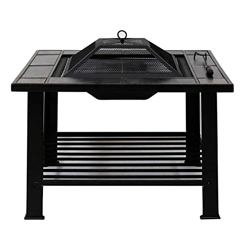 Kinbor 30-Inch BBQ Grill Portable Wood Burning Fire Pits Iron Backyard Patio Garden Square Fire Pit with Cooking Grill Spark Screen and Free Waterproof PVC Cover