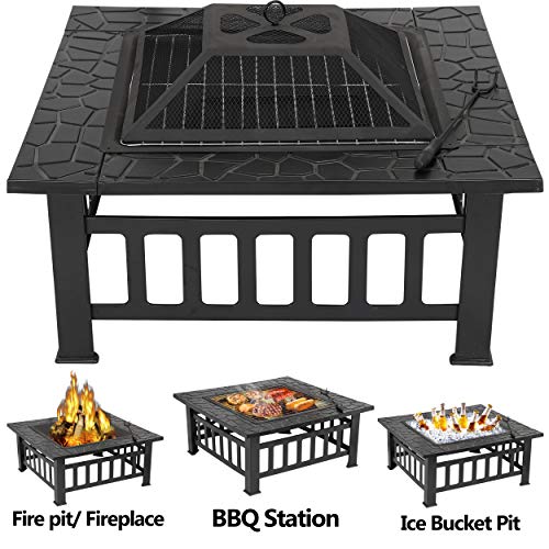 LEMY 32 inch Outdoor Square Metal Firepit Backyard Patio Garden Stove Wood Burning BBQ Fire Pit with Rain Cover Faux-Stone Finish