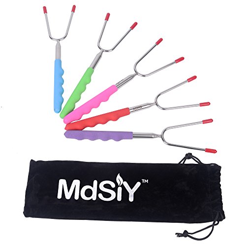 MdSiY Marshmallow Roasting Sticks Hot Dog Smores Forks for BBQ Fire Pit Bonfire Set of 5 Multi Color Safe for Kids Extendable Skewers 34 Campfire Cookware Outdoor Kit - FDA Approved Stainless