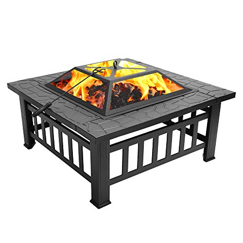 Outdoor Fire Pit32 Firepit Table BBQ Grill Backyard Patio Stove Wood Burning Fire Bowl Chiminea Square Fireplace Ice Pit with Mesh Spark Screen Poker for BackyardCampingPicnicBonfireGarden