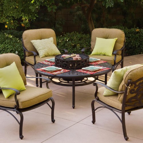 Darlee Catalina 5 Piece Cast Aluminum Patio Fire Pit Seating Set - Fire Pit Bbq Table With Ice Bucket Insert